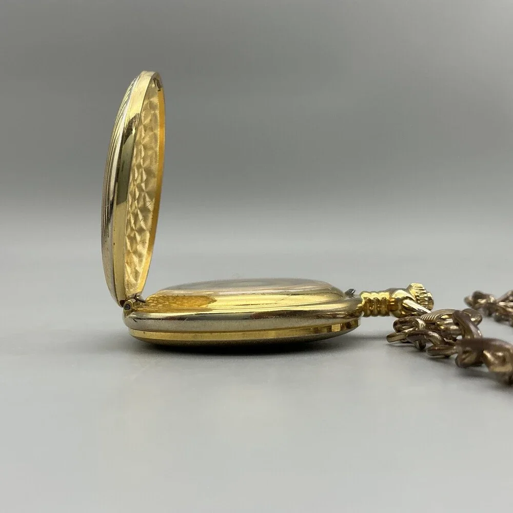 Milan Pocket Watch Men 46.9mm Gold Tone Full Hunter Chain White Date New Battery